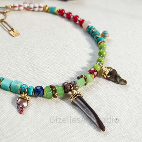 Gem Stones and Upcycled Beads Necklace