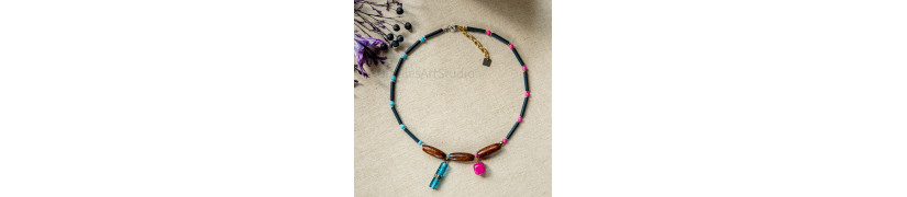 Pink and Blue Asymmetrical Reclaimed Beads Necklace