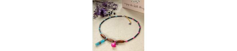 Pink and Blue Asymmetrical Reclaimed Beads Necklace