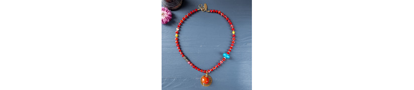 Red Stone and Gold Coin Necklace