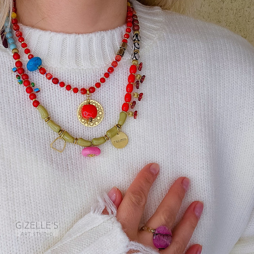 Ręcznie wykonany naszyjnik HALKA z jadeitu, agatu i szkła artystycznego. Kolorowa biżuteria handmade z elementami z odzysku i wy