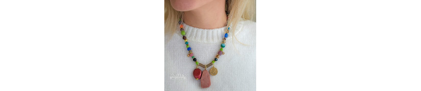 Gemstones and Glass Beads Necklace with a Coin