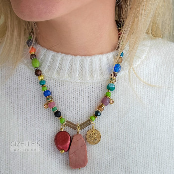 Gemstones and Glass Beads Necklace with a Coin