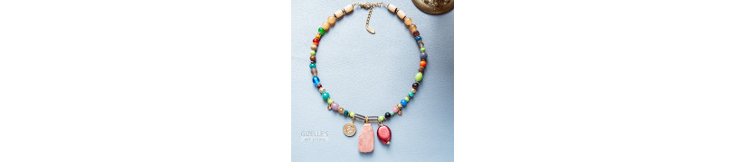 Gemstones and Glass Beads Necklace with a Coin