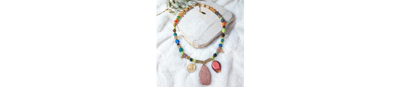 Gemstones and Glass Beads Necklace with a Coin