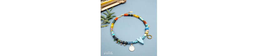Gemstones and Glass Beads Necklace with a Coin