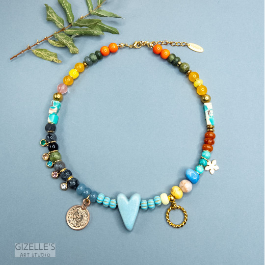 Gemstones and Glass Beads Necklace with a Coin Gemstones and Glass Beads Necklace with a Coin