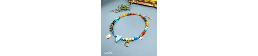 Gemstones and Glass Beads Necklace with a Coin
