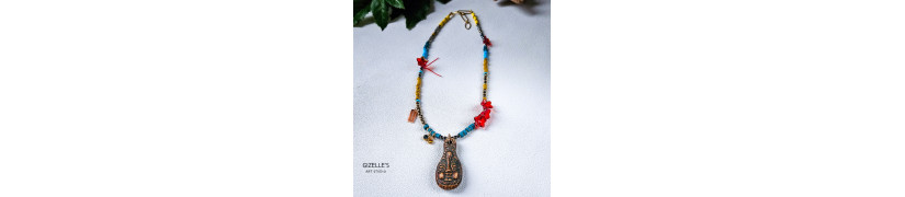 Gemstones and Glass Beads Necklace with a Coin