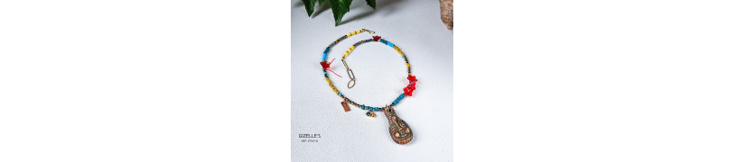 Gemstones and Glass Beads Necklace with a Coin
