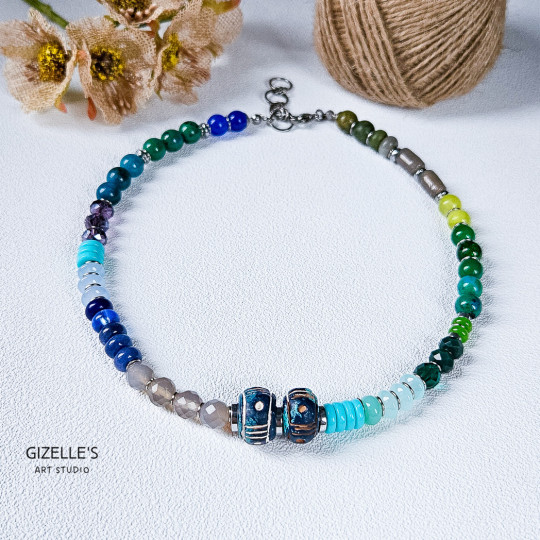 Gemstones and Glass Beads Necklace with a Coin Gemstones and Glass Beads Necklace with a Coin