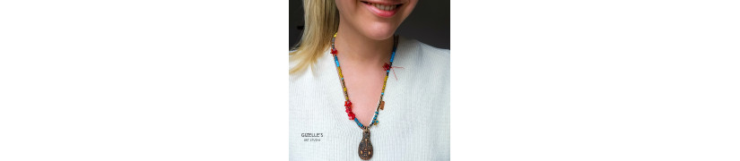 Gemstones and Glass Beads Necklace with a Coin