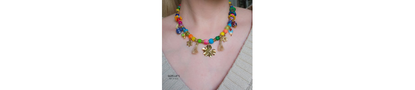 Gemstones and Glass Beads Necklace with a Coin