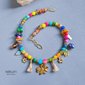 Gemstones and Glass Beads Necklace with a Coin