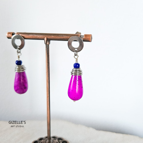 Kolczyki Purple Drop – turkmenit purpurowy, hematyt, stal szlachetna | Gizelle’s