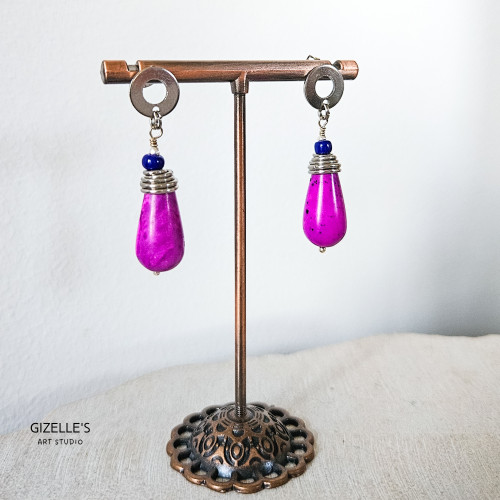 Kolczyki Purple Drop – turkmenit purpurowy, hematyt, stal szlachetna | Gizelle’s