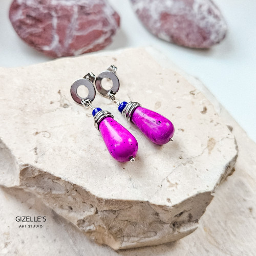 Kolczyki Purple Drop – turkmenit purpurowy, hematyt, stal szlachetna | Gizelle’s