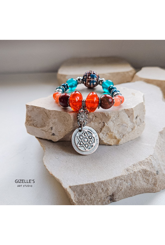 Zielono-Pomarańczowa Bransoletka ze Srebrną Monetą