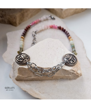 Naszyjnik Marina – kamienie naturalne i guziki vintage