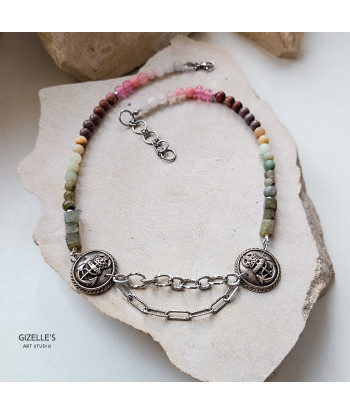 Naszyjnik Marina – kamienie naturalne i guziki vintage
