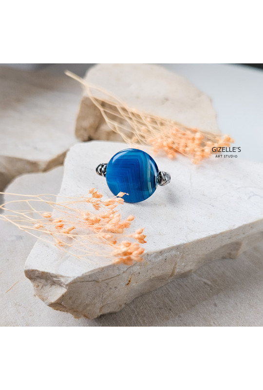 Elastyczny pierścionek Blue Eye – agat pasiasty i szkło czeskie