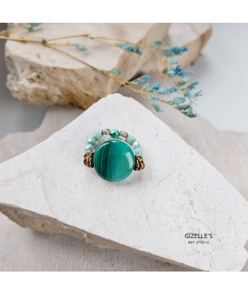 Elastyczny pierścionek Greenland – agat pasiasty i szkło czeskie