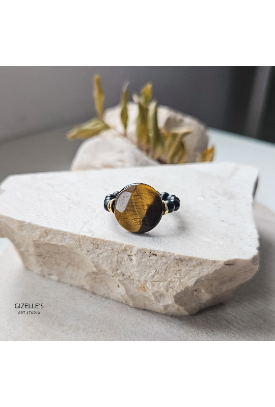 Elastyczny pierścionek Bourbon – Tygrysie Oko i onyks