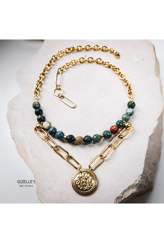 Naszyjnik TIERRA – agaty w morskim kolorze i guzik vintage | Gizelle’s