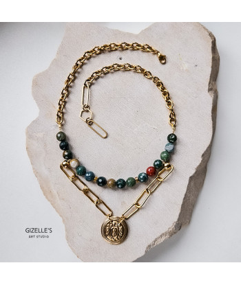 Naszyjnik TIERRA – agaty w morskim kolorze i guzik vintage | Gizelle’s