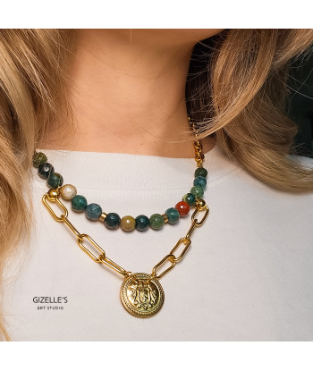 Naszyjnik TIERRA – agaty w morskim kolorze i guzik vintage | Gizelle’s