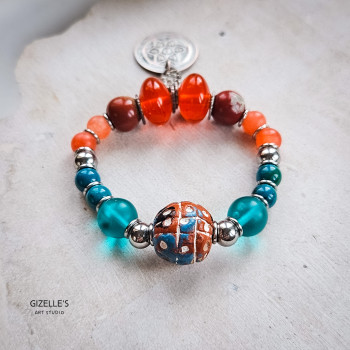 Zielono-Pomarańczowa Bransoletka ze Srebrną Monetą