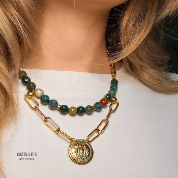 Naszyjnik TIERRA – agaty w morskim kolorze i guzik vintage | Gizelle’s