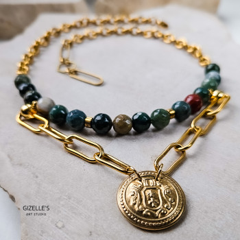 Naszyjnik TIERRA – agaty w morskim kolorze i guzik vintage | Gizelle’s