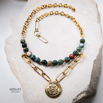 Naszyjnik TIERRA – agaty w morskim kolorze i guzik vintage | Gizelle’s