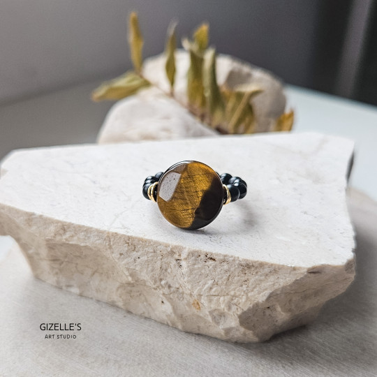 Elastyczny pierścionek Bourbon – Tygrysie Oko i onyks