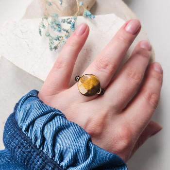 Elastyczny pierścionek Bourbon – Tygrysie Oko i onyks