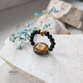 Elastyczny pierścionek Bourbon – Tygrysie Oko i onyks