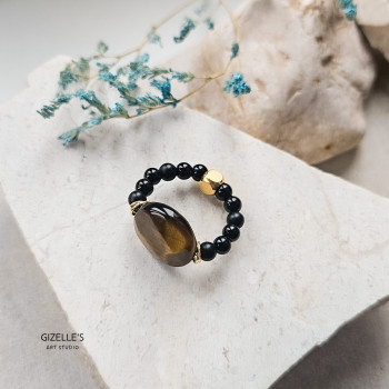 Elastyczny pierścionek Bourbon – Tygrysie Oko i onyks