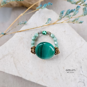 Elastyczny pierścionek Greenland – agat pasiasty i szkło czeskie