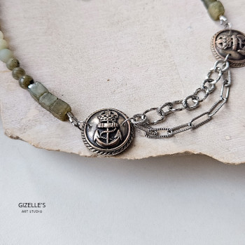 Naszyjnik Marina – kamienie naturalne i guziki vintage